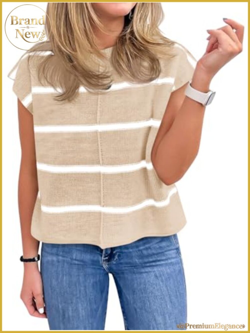 Striped Knit Sweater Vest Cap Sleeve Crew Neck Loose Fit Women's Pullover Top